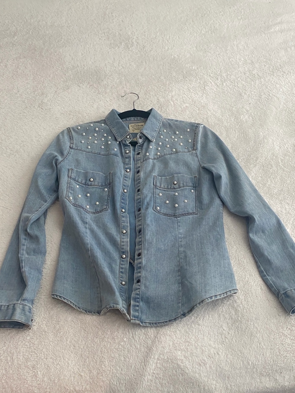 Pull&Bear Light Blue Denim Women's Jacket with Stud Accents